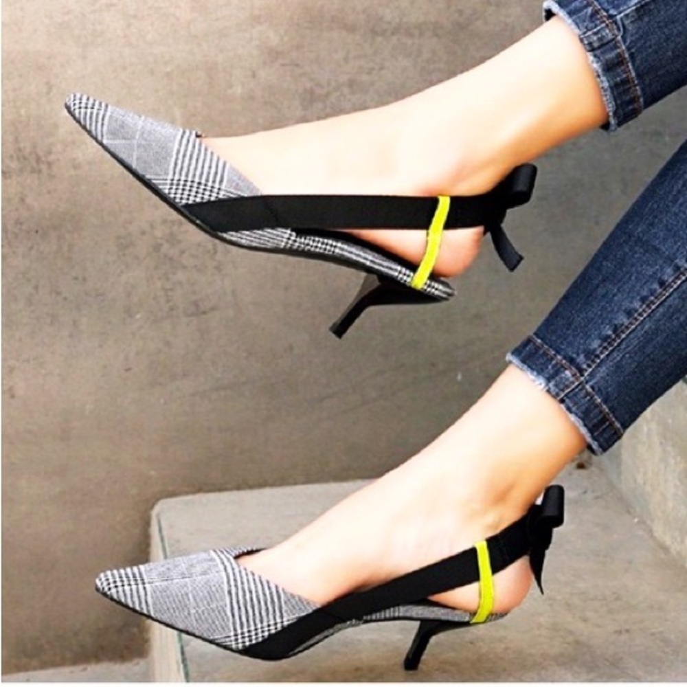 {Zara} Gray Plaid Slingback Bow Kitten Heels - Picture 16 of 16